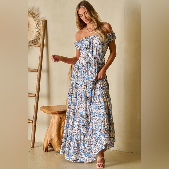 Blue Boho Paisley Print Off Shoulder Maxi Dress Bohemian Long Dress - Picture 8 of 15